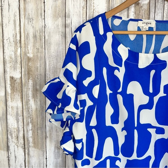Umgee Can’t Wait Saphire Blue Abstract Ruffle Sleeve Blouse - Picture 4 of 6